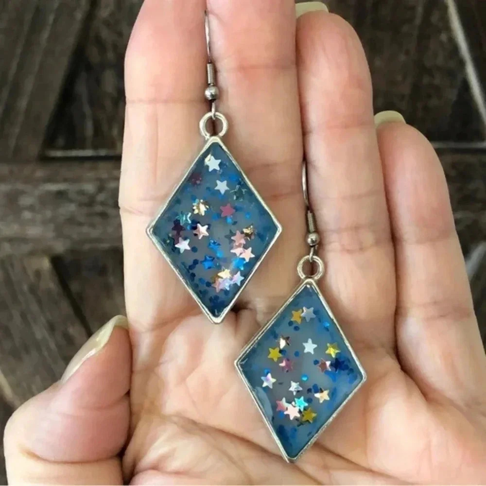 Diamond Blue Stars Handmade Resin Glitter Silver Tone Earrings New NWT